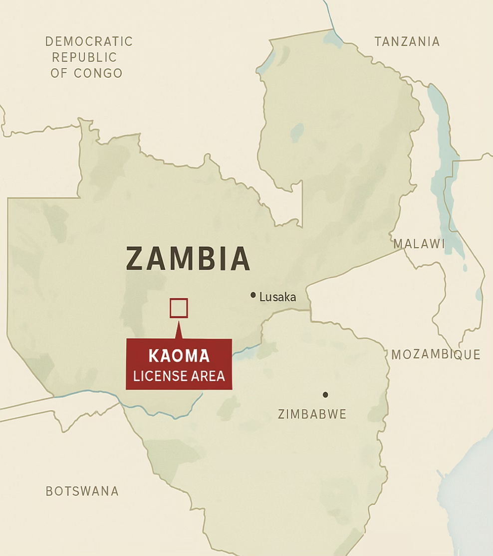 Map showing the Kaoma Copper Tenement location in Zambia
