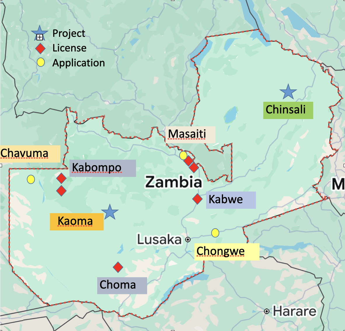 Map showing the option agreement properties in Zambia
