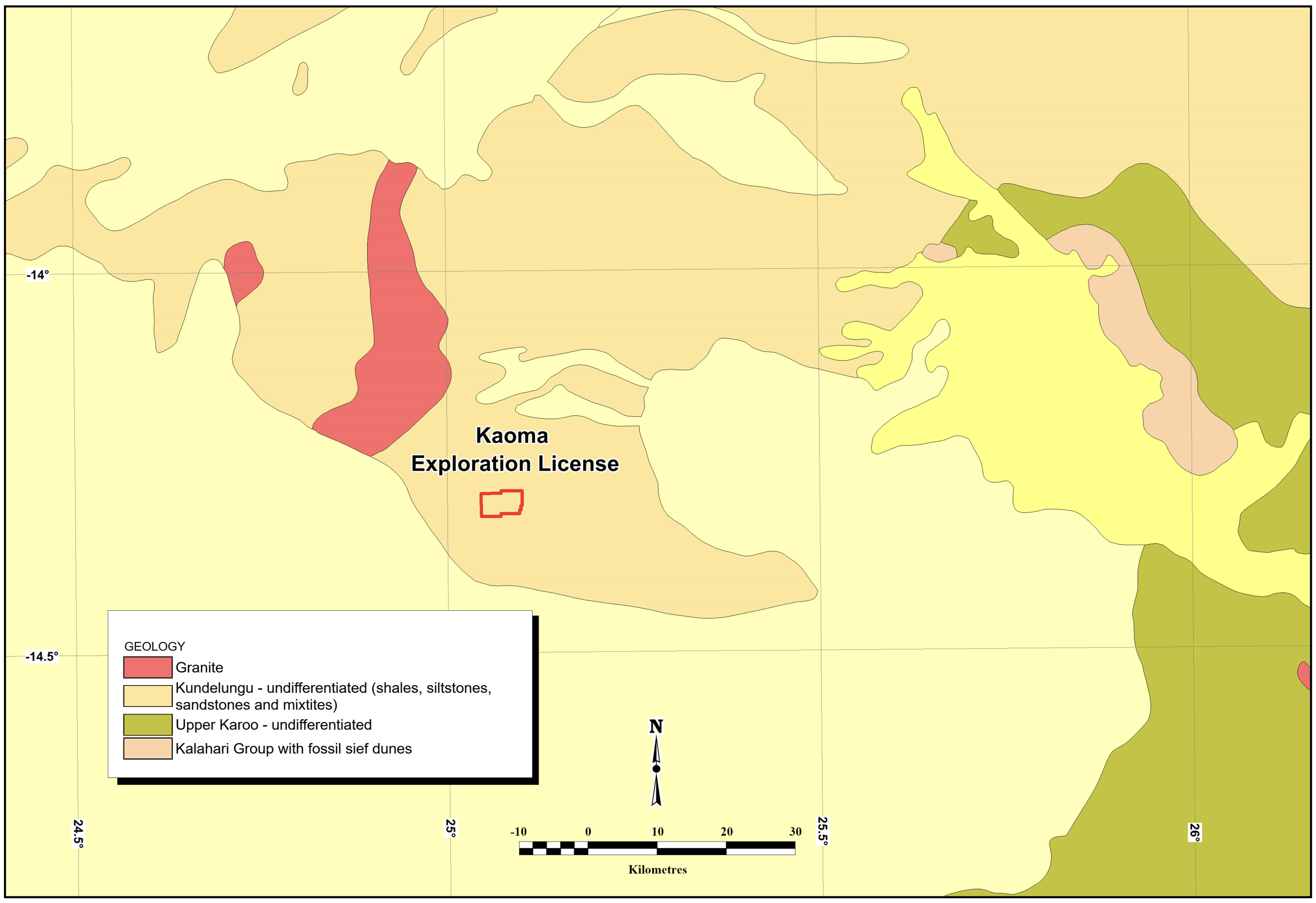 Kaoma geology map showing the exploration license outline and interpreted geology units.